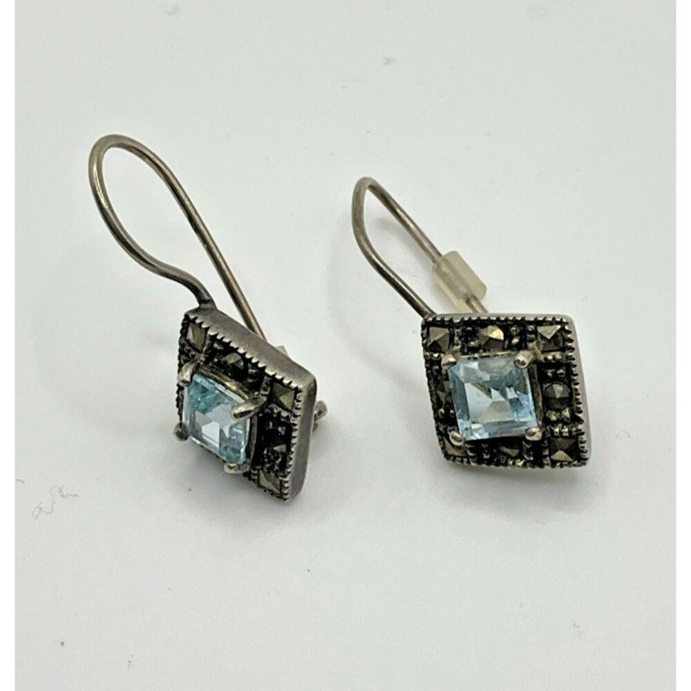 Silver 925 Thailand Dangle Earrings Blue Gem Vintage Fine